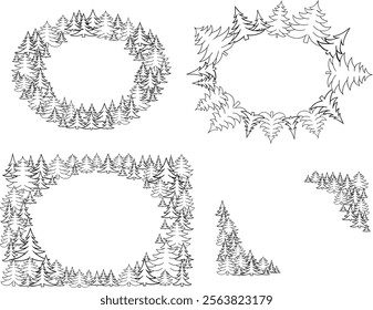 Graphic line pine tree forest oval frame set. Vector Isolated on white transparent background illustration
