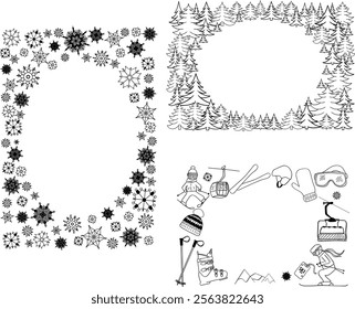 Graphic line pine tree, snowflakes, ski equipment, forest oval frame set. Vector Isolated on white transparent background illustration