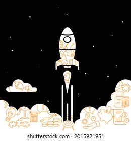 Graphic line rocket soaring through the clouds and space. Business concept design. Vector illustration.
