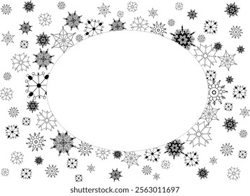 Gráfico linha neve flocos oval quadro em fundo transparente. Vetor isolado fronteira de Natal com queda de neve e vapor. Decoração de floco de neve, Xmas magia textura de queda de neve branca, tempestade de neve de inverno
