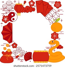 Graphic line vector circle round frame for the Year of the Snake, New Year background material. Chinese new year, lantern festival
