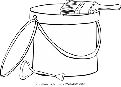 Graphic line vector composition paint can and brush with opener.  illustration liquid color bucket container with paintbrush icon.
