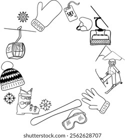 Graphic line vector hand drawn set of Winter Sports  objects, symbols and items. Round circle frame template composition