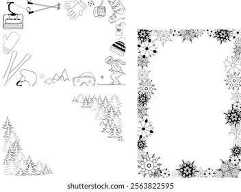 Graphic line vector hand drawn set of Winter Sports objects, symbols and items. Rectangle frame template composition

