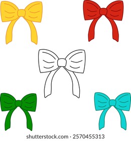 Graphic line vector hand-drawn ribbon bon illustration set in four colors transparent background
