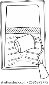Graphic line vector illustration paint roller and plastic paint tray isolated on white background. Vector paint roller brush and paint tray icon in flat cartoon style. Painting, renovation.
