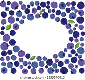 graphic line vector oval frame with wild berries and leaves. A handful of blueberries and foliage on a white isolated background. Wreath for a postcard or banner with a place for your text
