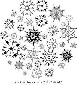 Graphic line vector round circle composition with snowflakes, simple  geometric design element
