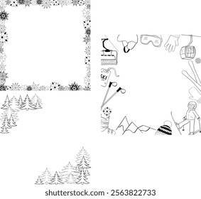 Graphic line vector square frame set with winter elements ski equipment, snowflakes and pine tree forest. Winter Frame Snow with transparent Background