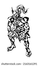 Graphic Linear Drawing Of A Goblin Bandit Armed With A Dagger. Traced Image.