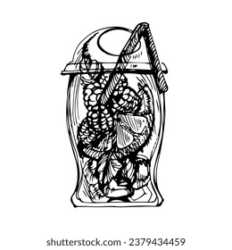 Dibujo gráfico lineal de un vaso de plástico con un cóctel. Un refresco. Cóctel con hielo, té helado. Zumo de fruta. Vidrio blanco-negro con paja. Cristal de cóctel de plástico transparente.Tumblador con polla