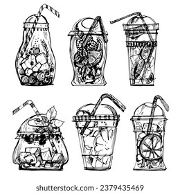 Graphic, linear drawing of a plastic glass with a cocktail. A soft drink. Cocktail with ice, iced tea. Fruit juice. Black-white glass with a straw. Transparent plastic cocktail glass.tumbler with cock