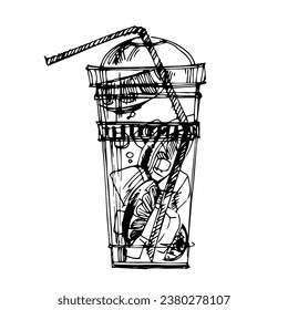 Grafische, lineare Zeichnung eines Plastikglases mit einem Cocktail. Ein Erfrischungsgetränk. Cocktail mit Eis, Eistee. Fruchtsaft. Schwarz-weißes Glas mit Stroh. Transparentes Plastikcocktail-Glas.Tumbler mit Schwanz