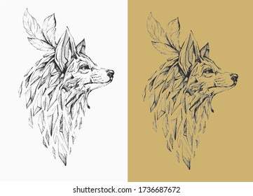 zorro lineal gráfico con plumas indias en la cabeza , sketch de tatuajes de zorro, ilustración de zorro, vector EPS 10