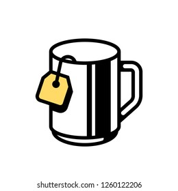 Graphic, linear icon, illustration of mug with tea bag inside and yellow label.