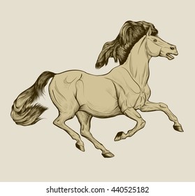 Graphic linear illustration of a galloping light brown horse.