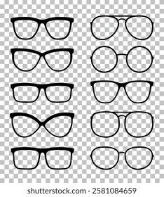 graphic linear set of isolated modern transparent glasses silhouettes, eyeglasses, spectacles and sunglasses icons