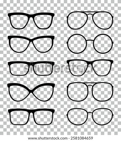 graphic linear set of isolated modern transparent glasses silhouettes, eyeglasses, spectacles and sunglasses icons