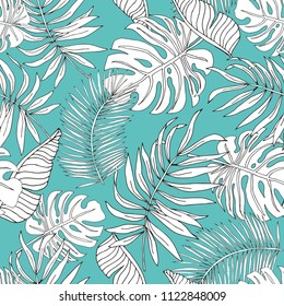 Graphic linear silhouette banana, palm leaves with turquoise background. Vector seamless pattern. Tropical jungle foliage illustration. Exotic plants. Summer beach floral design. Paradise nature