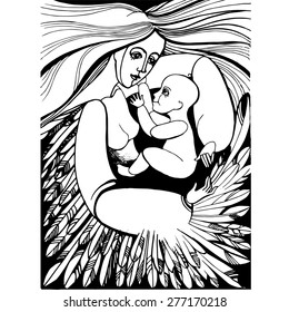Graphic linear vector illustration drawn by hand mother hugging her baby bird wing-hand.