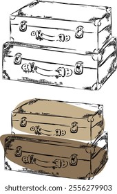 Graphic liner sketch vintage suitcases illustration set, travel clipart