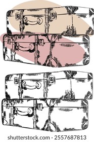Graphic liner sketch vintage suitcases illustration, vector travel clipart