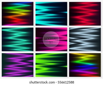 Graphic lines backgrounds set. Glitch abstract textures collection. Futuristic motion waves. Glowing colorful vector backgrounds for web design, modern printed products.