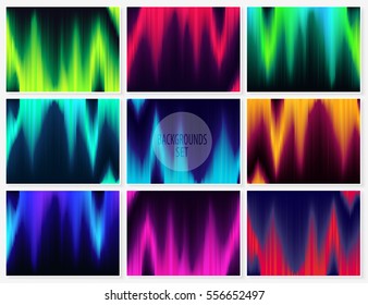 Graphic lines backgrounds set. Glitch abstract textures collection. Futuristic motion waves. Glowing colorful vector backgrounds for web design, modern printed products.