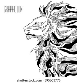 Graphic lion. Black contour on wwite background. Can be used like tattoo sketch