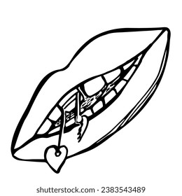 Graphic lips. A jewelry with a whole heart and a broken heart is attached to the tooth.