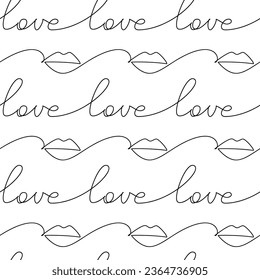 Patrón continuo de la línea de labios gráficos. Vector de escritura a mano de amor. Lema, cita, texto, letras, caligrafía, diseño, impresión, cartel, afiche, tarjeta de San Valentín, fondo de pantalla, fondo.