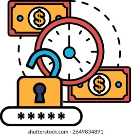 A graphic of a lock with a key and a clock with the hands on the numbers 1 and 5. The lock is open and the key is missing. The clock is surrounded by dollar bills