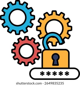A graphic of a lock with a key and a series of gears. The gears are of different sizes and colors, and the lock is open. Concept of unlocking a mystery or a secret
