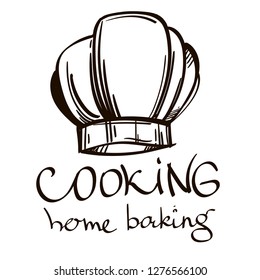 Graphic logo cook cap and the inscription for your company. Vector black and white drawing.