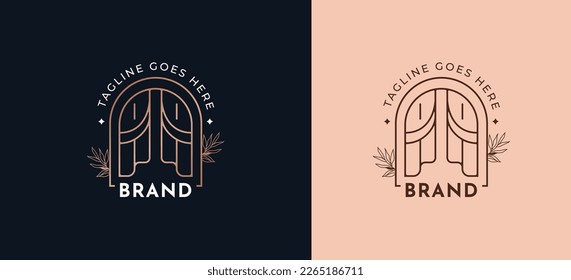 Graphic logo design bold line curtain with text decorative on the top like tagline and simple short brandname 