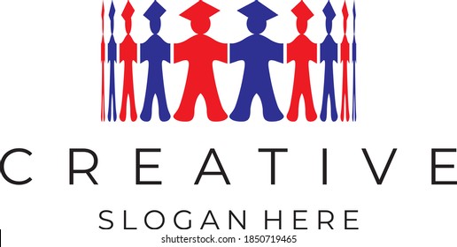 Graphic logo with students alumni union in blue & red colors square academic cap