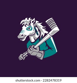 Grafiklogo mit Stillogo indisches Kriegspferd, das Eishockeystick hält