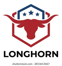 Graphic logo template featuring a red longhorn bull head inside a shield with stars. Patriotic colors and bold typography for corporate identity, branding, or team mascots.