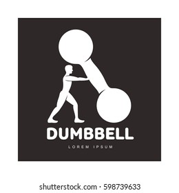 Graphic logo template with full length figure of bodybuilder man supporting a big dumbbell, vector illustration isolated on black background. Stylized bodybuilder and dumbbell logotype, logo design