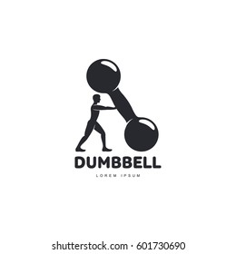 Graphic logo template with full length figure of bodybuilder man supporting a big dumbbell, vector illustration isolated on white background.