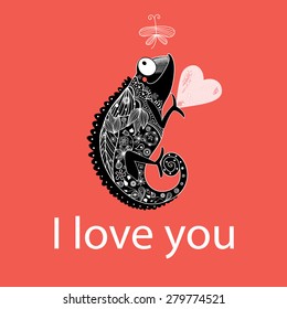 graphic love with a chameleon on a red background

