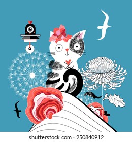 graphic love with the kitten and flowers on a dark blue background 