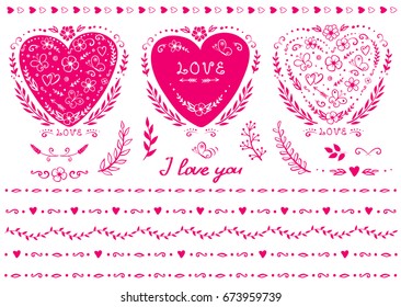 Graphic love set of floral design elements, hearts, dividers, borders, branches for design template, invitation, card