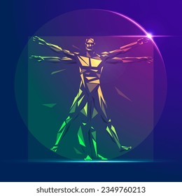 graphic of low poly Vitruvian man presented in vivid colour style