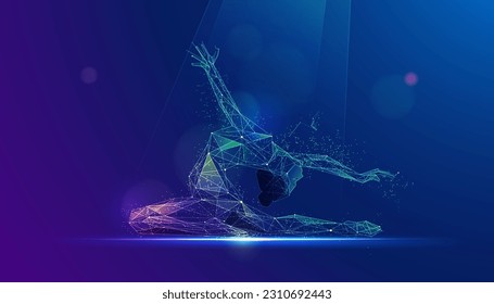 graphic of low poly wireframe ballerina performing rhythmic gymnastics presented with vivid futuristic style