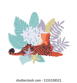 Graphic lying cheetah surrounded by exotic plants. Vector african art drawn with rough brush in soft colors