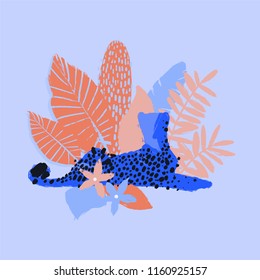 Graphic lying cheetah surrounded by exotic plants. Vector african art drawn with rough brush in vibrant colors
