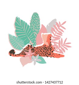 Graphic lying cheetah surrounded by exotic plants. Vector african art drawn with rough brush in gentle colors