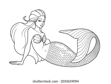 Graphic lying mermaid. Side view. Vector design isolated on white background