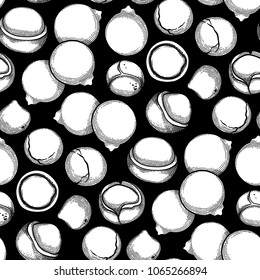 Graphic macadamia nuts seamless pattern. Herbal medicine. Coloring book page for adults and kids